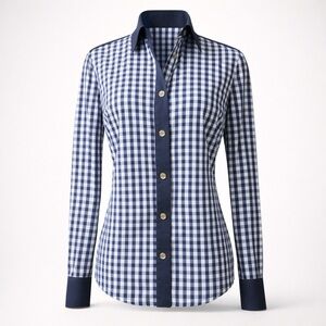 Tory Burch Gingham Button Down, navy collar/cuffs, gold buttons, navy/white, 0